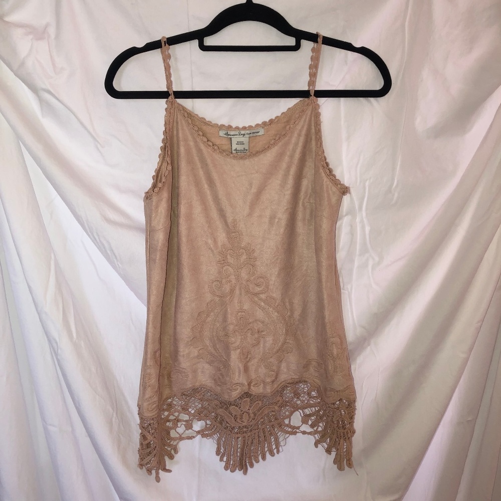 Velvet Tank Top w Floral Trim and Detailed Straps